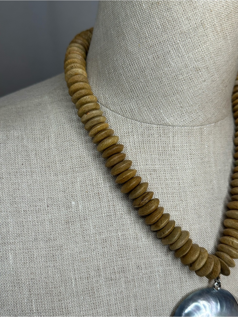 Iridescent Shell Pendant Necklace with Tan Bead Strand - Picture 4 of 7